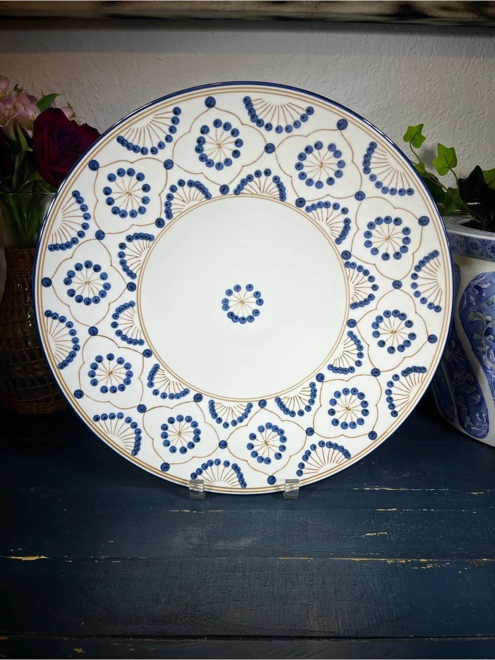 Porcelain Charger Blue Dots, Gold Mosaic Vintage Modern by Thomas O’Brien